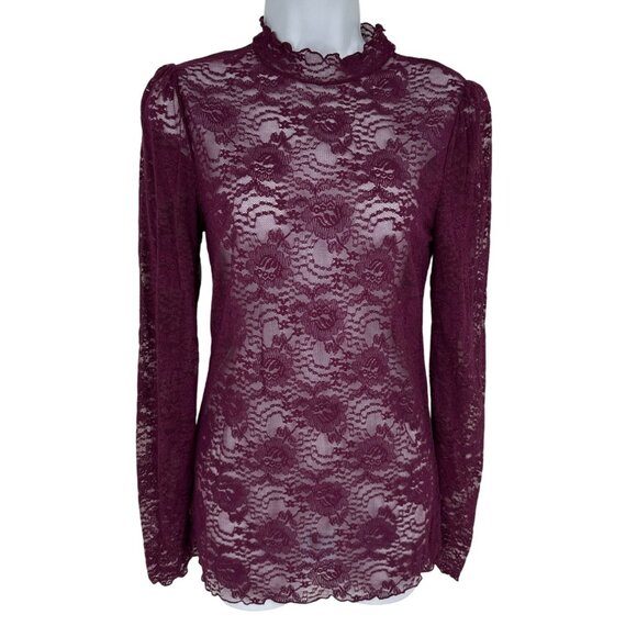 Intimately Free People Womens Burgundy Sheer Lace Long Sleeve Top M - Picture 1 of 8